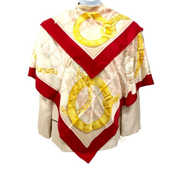 Vintage Celine Paris 100% Silk Scarf Satin 34" Beige Gold  Chain Red trim (35) - Picture 1 of 15